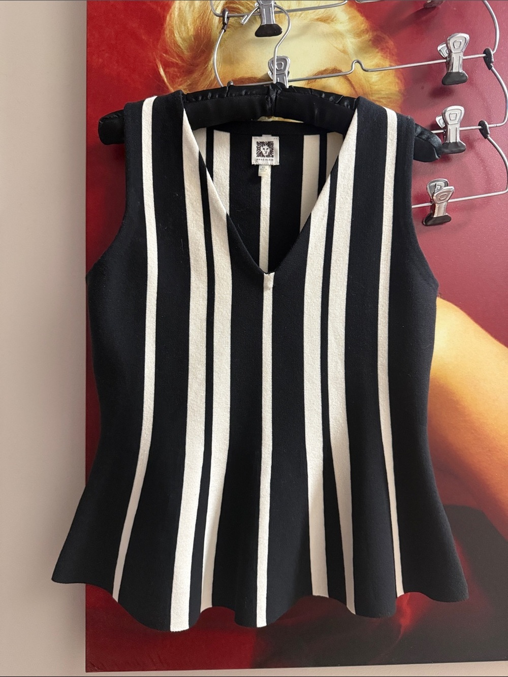 Anne Klein Black and White Vertical Stripe V-Neck Tank